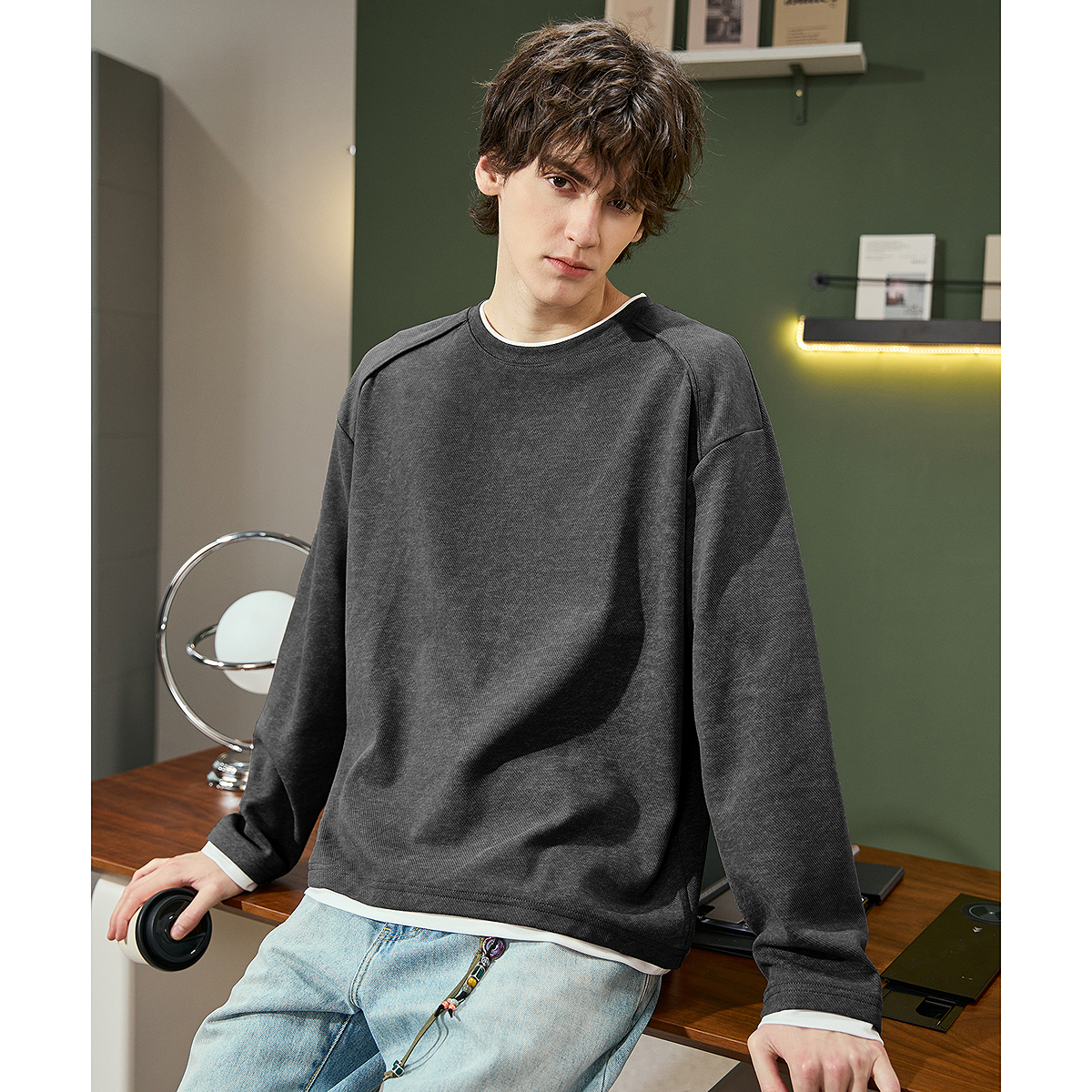 唐狮秋季男士圆领长袖T恤男款基