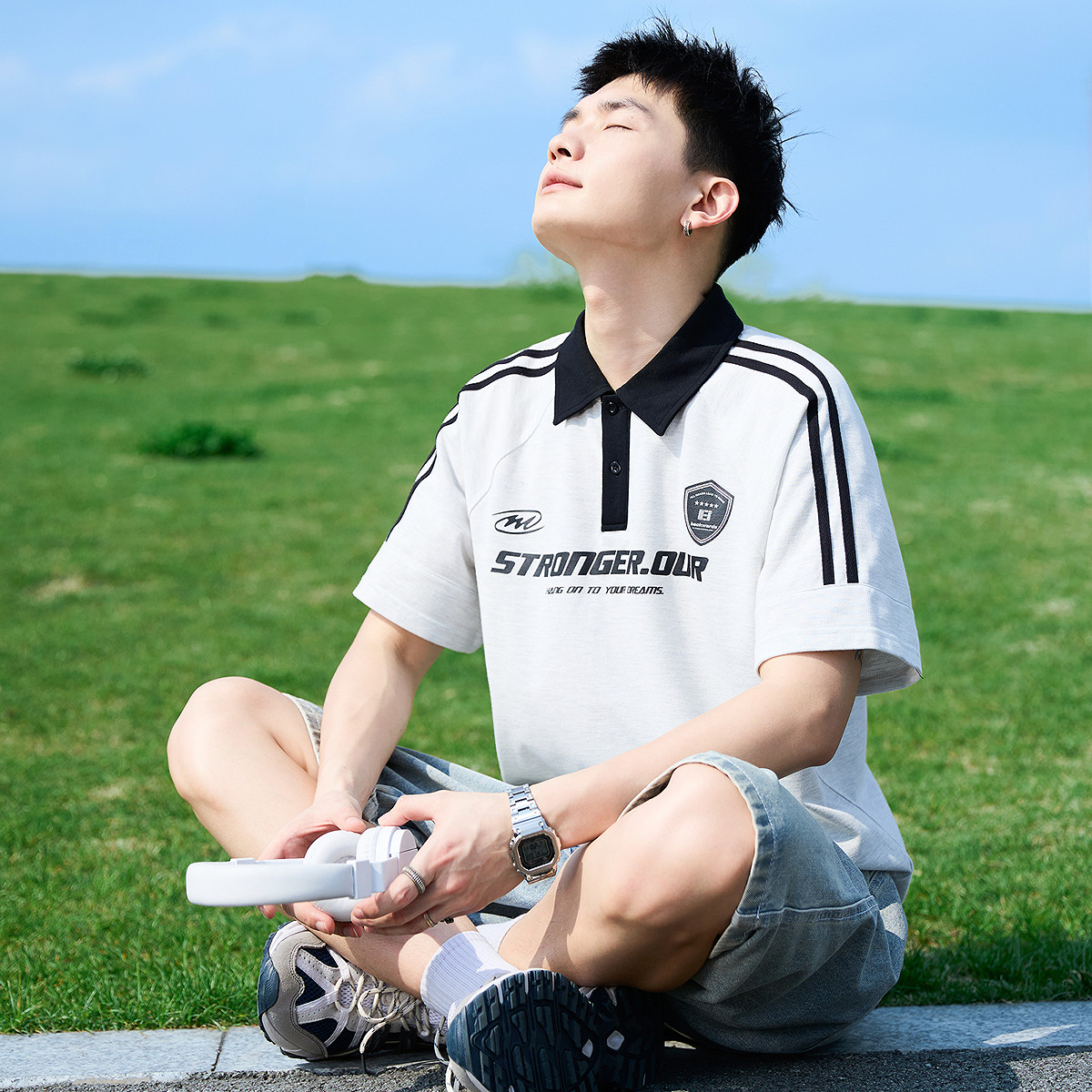 唐狮短袖Polo衫男春夏季新款撞色条纹翻领宽松运动休闲上衣T恤