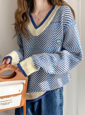 唐狮秋冬新款毛衣女套头毛衣v领蓝色早秋穿搭时尚慵懒风超好看TD