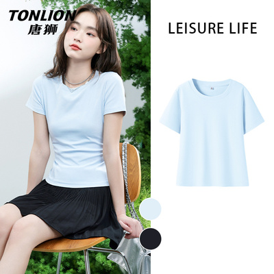 唐狮圆领紧身正肩短袖女t恤