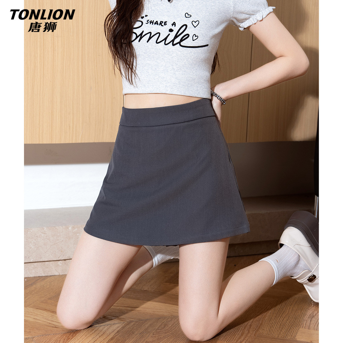唐狮春夏季新款A字半身裙女通勤西装高腰短裙灰色包臀裙裙子显瘦