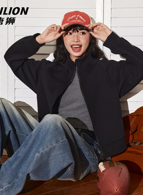 唐狮官方短款外套女2026新款春季立领宽松开衫卫衣运动黑色上衣VC