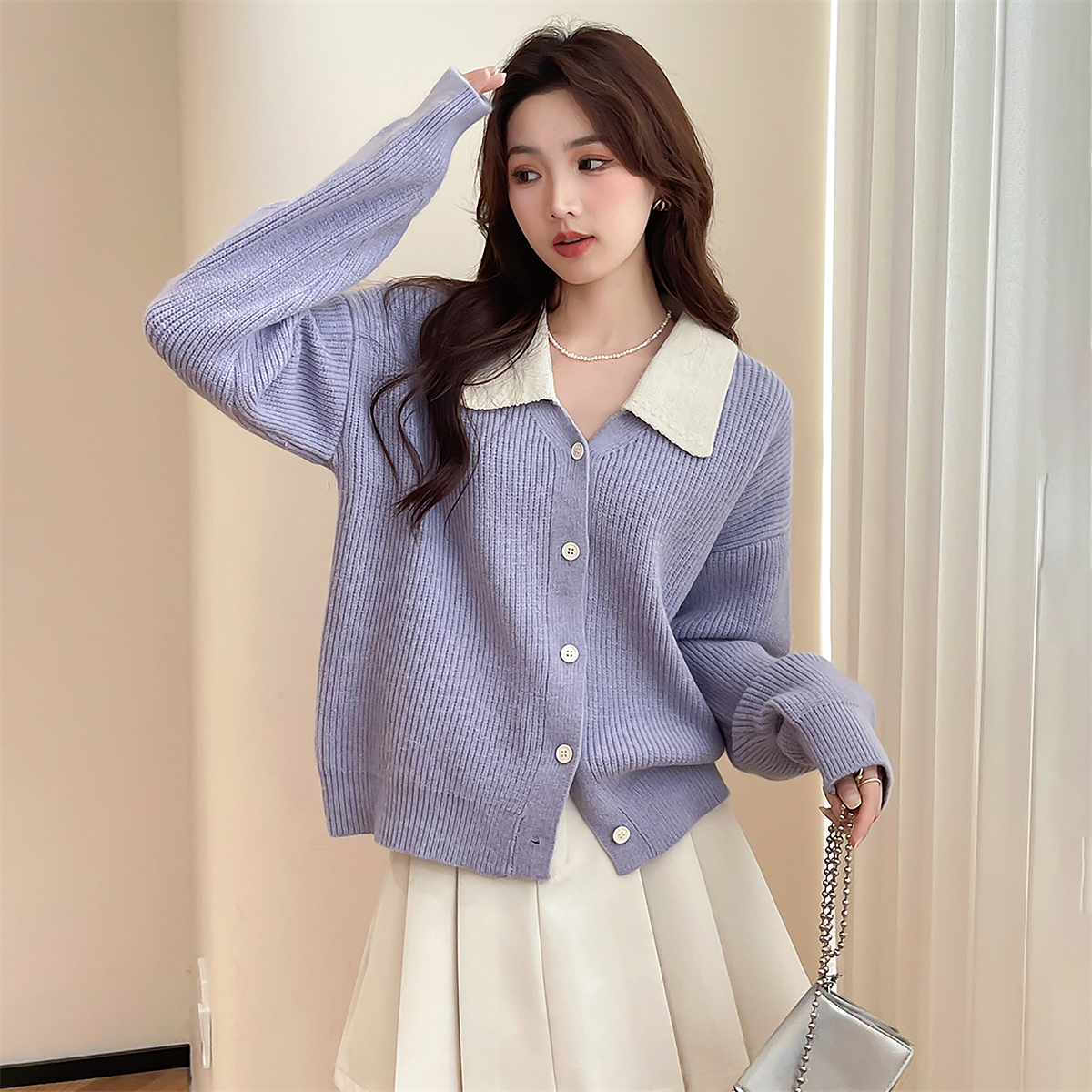 唐狮秋冬法式减龄翻领开衫女针织