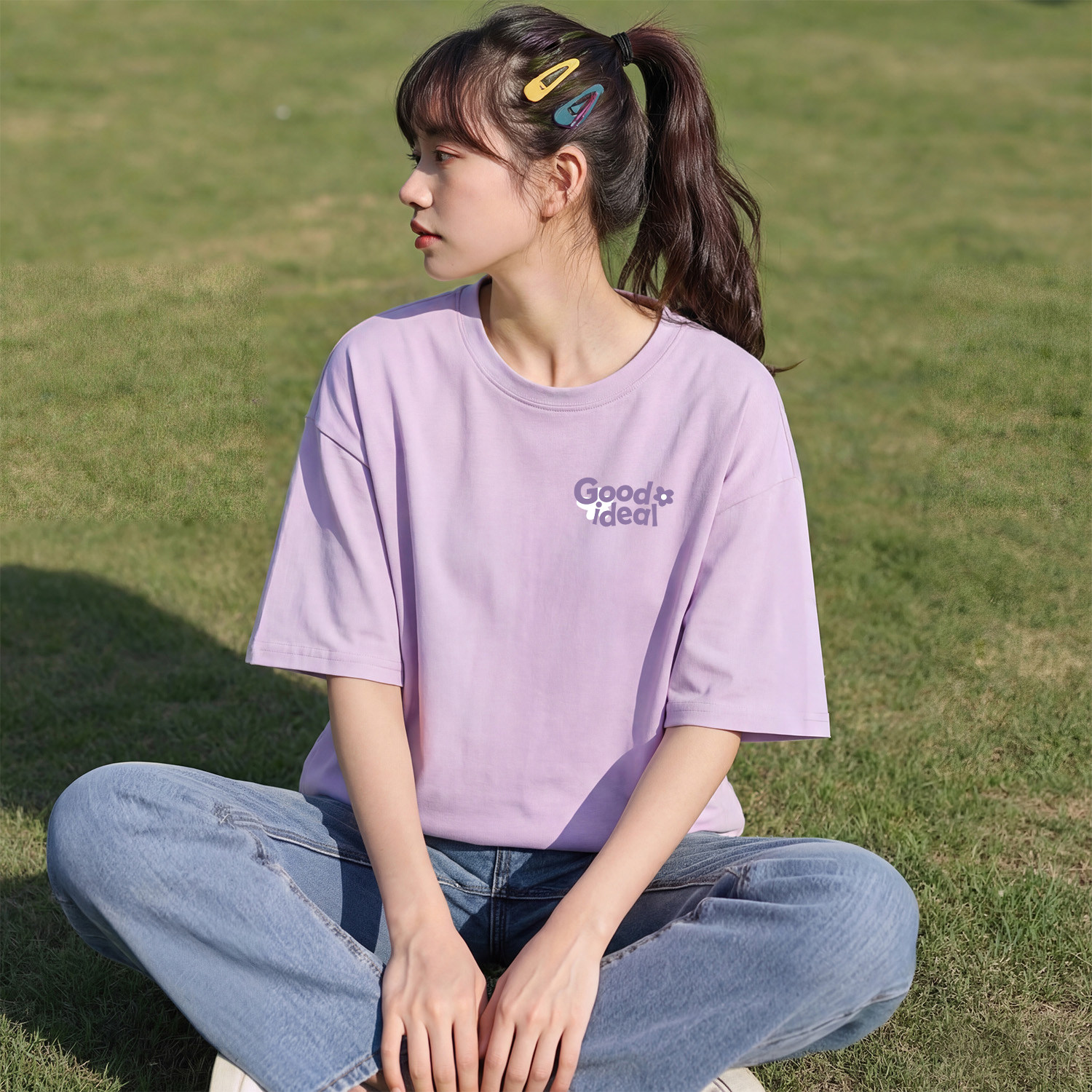 唐狮官方紫色超好看正肩短袖t恤女夏2026新款甜美纯棉宽松上衣V