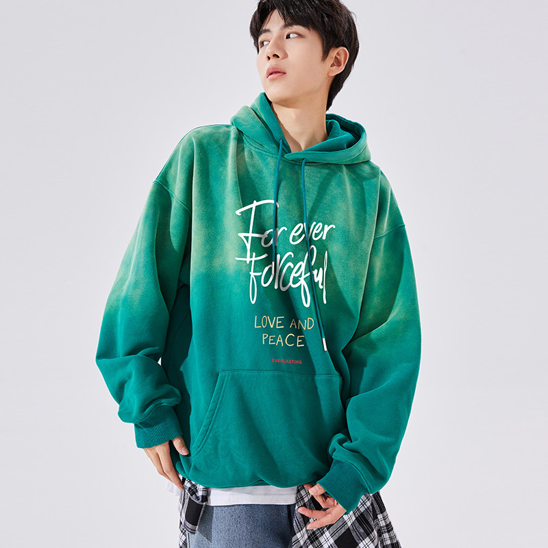 唐狮绿色扎染渐变卫衣男秋冬新款连帽卫衣艺术生潮牌秋季外套