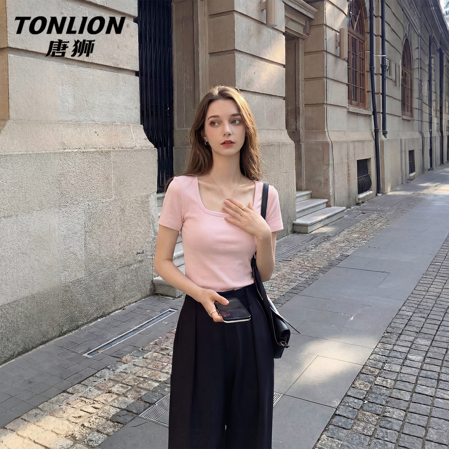 唐狮官方粉色方领正肩短袖t恤女2026新款夏季女士修身显瘦上衣VB,女装/女士精品,T恤,淘宝优惠券,粉丝福利购,淘宝优惠卷