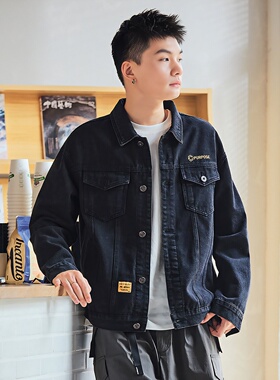 唐狮春秋季黑色牛仔外套男翻领小标细节夹克衫休闲风外套潮流TD