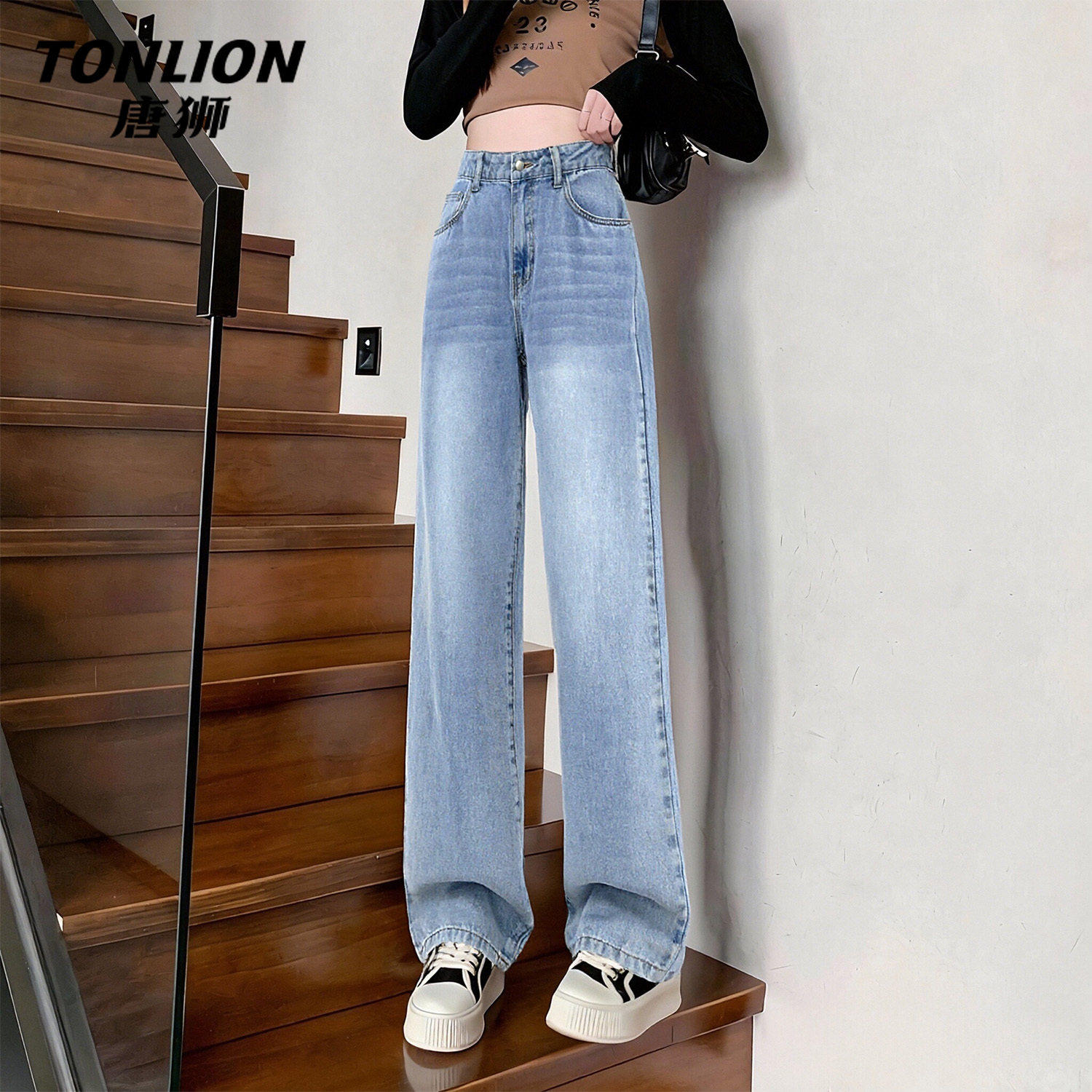 唐狮官方阔腿牛仔裤女2026新款春秋款女款高腰显瘦直筒休闲裤子V