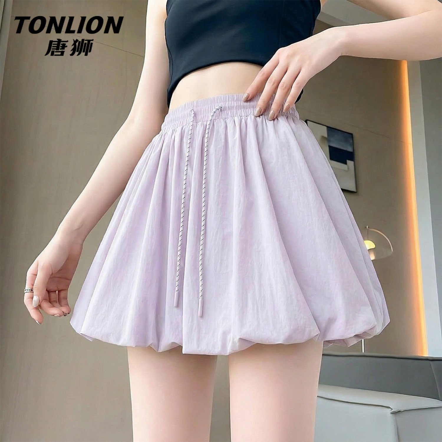 唐狮官方紫色花苞短裙女夏季2026新款高腰显瘦防走光a字半身裙V