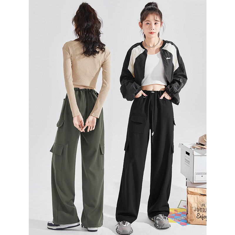 唐狮美式复古辣妹宽松口袋裤春夏季黑色显瘦阔腿休闲工装裤子女