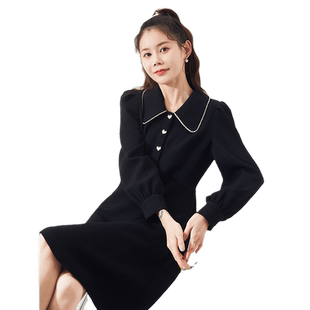 唐狮肌理面料小黑裙春秋季新款女装黑色连衣裙长袖收腰显瘦裙子