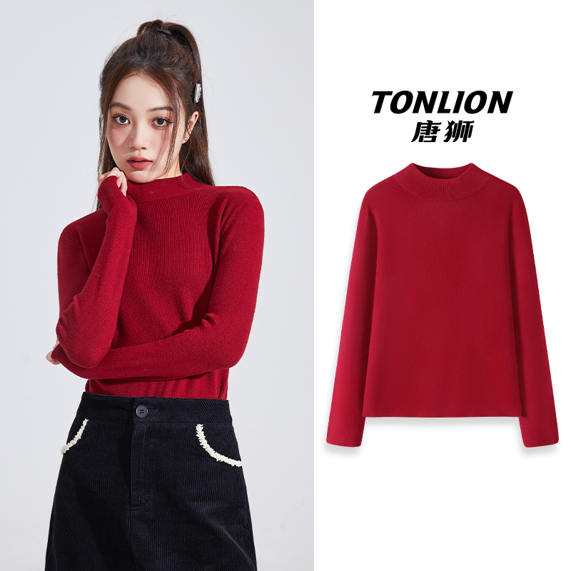 唐狮红色本命年半高领毛衣女秋冬