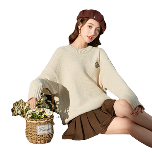 唐狮白色毛衣女生秋冬圆领冷淡系高级感毛衣上衣温柔穿搭软糯衣服