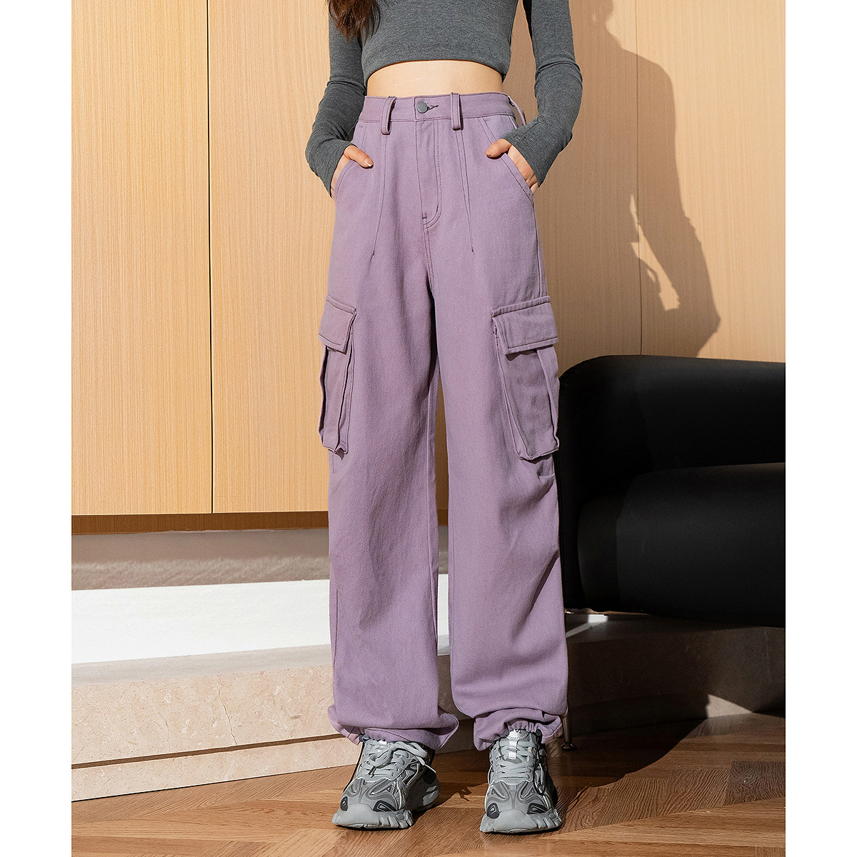 唐狮秋冬季新款灰色工装裤女休闲裤流行多袋百搭美式阔腿长裤TD