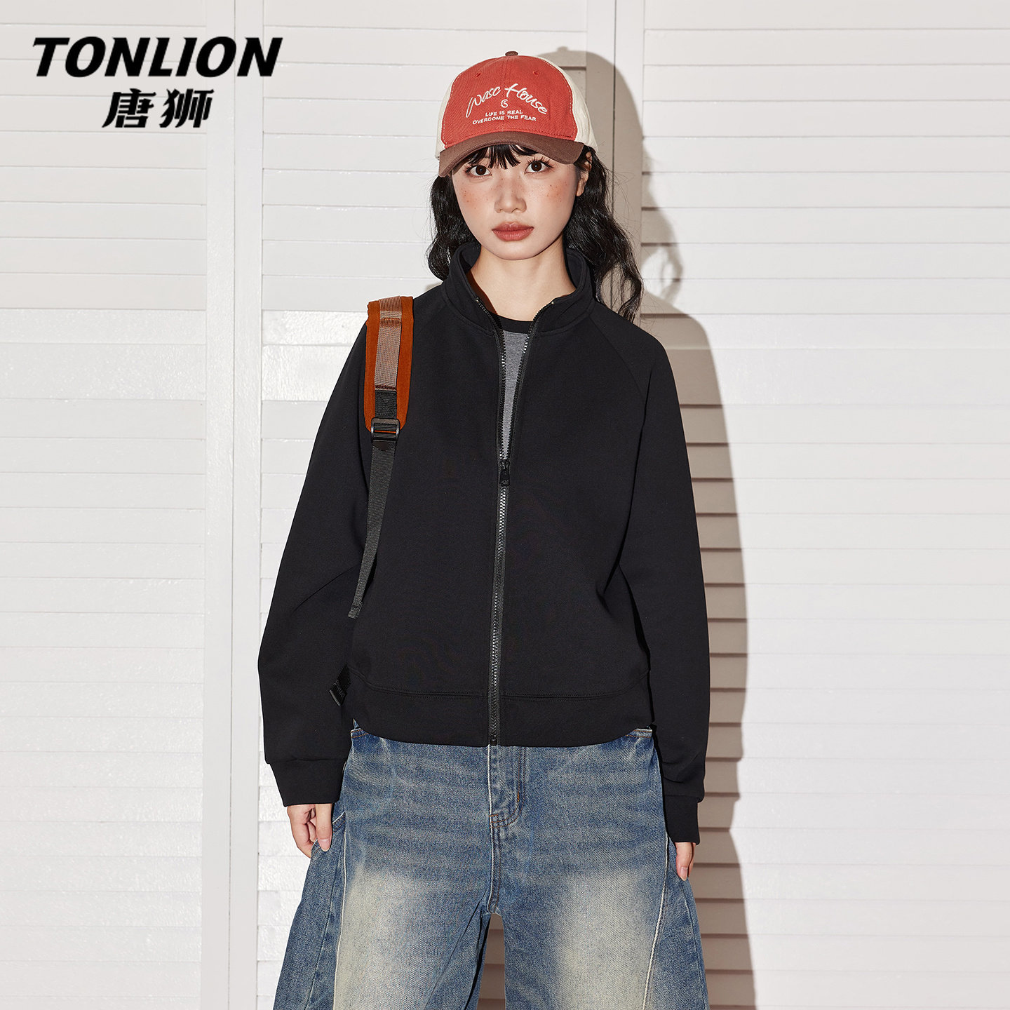 唐狮官方黑色开衫外套女春秋款2026新款女士宽松短款立领上衣V女