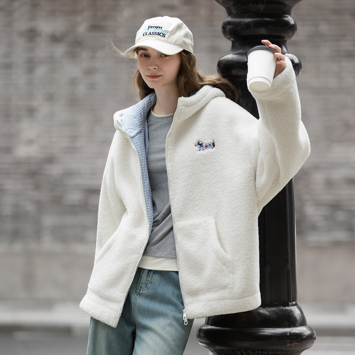 唐狮秋冬季女仿羔毛外套连帽加厚