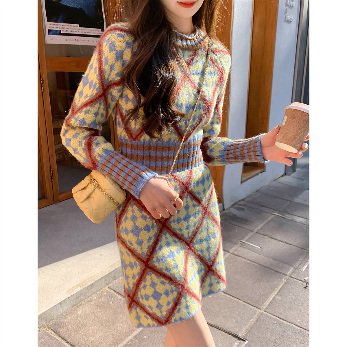 唐狮秋冬大牌风菱格图案显瘦连衣裙甜美风宽松超好看温柔系TM