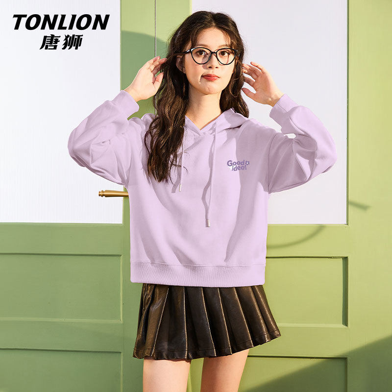 唐狮短款连帽卫衣女款2026新款春秋款小个子宽松显瘦套头上衣VB
