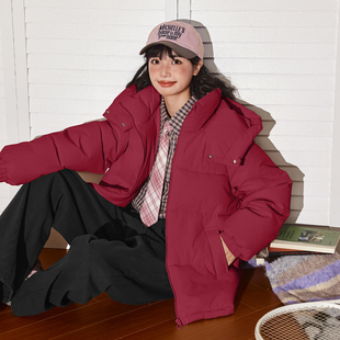 唐狮立领连帽面包服女款时尚洋气棉服冬季贺岁红本命年女生外套VB