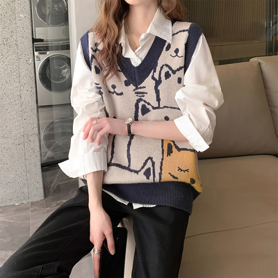 唐狮秋冬季女毛衣好多猫猫V领套