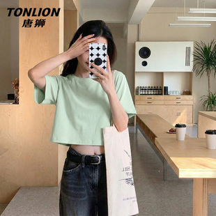 唐狮官方浅绿色短袖女t恤夏季2026新款小个子宽松纯棉短款上衣VB