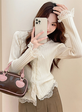 唐狮秋冬季女毛衣公主风花边设计修身套头富家千金风优雅tu