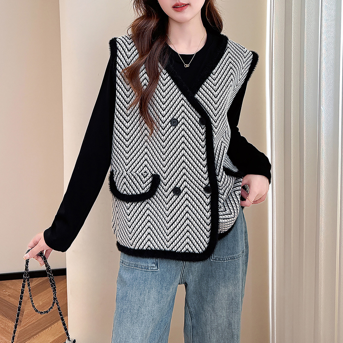 唐狮秋冬季女毛衣简约风气质V领开衫马甲通勤背心高级感毛线衫tu