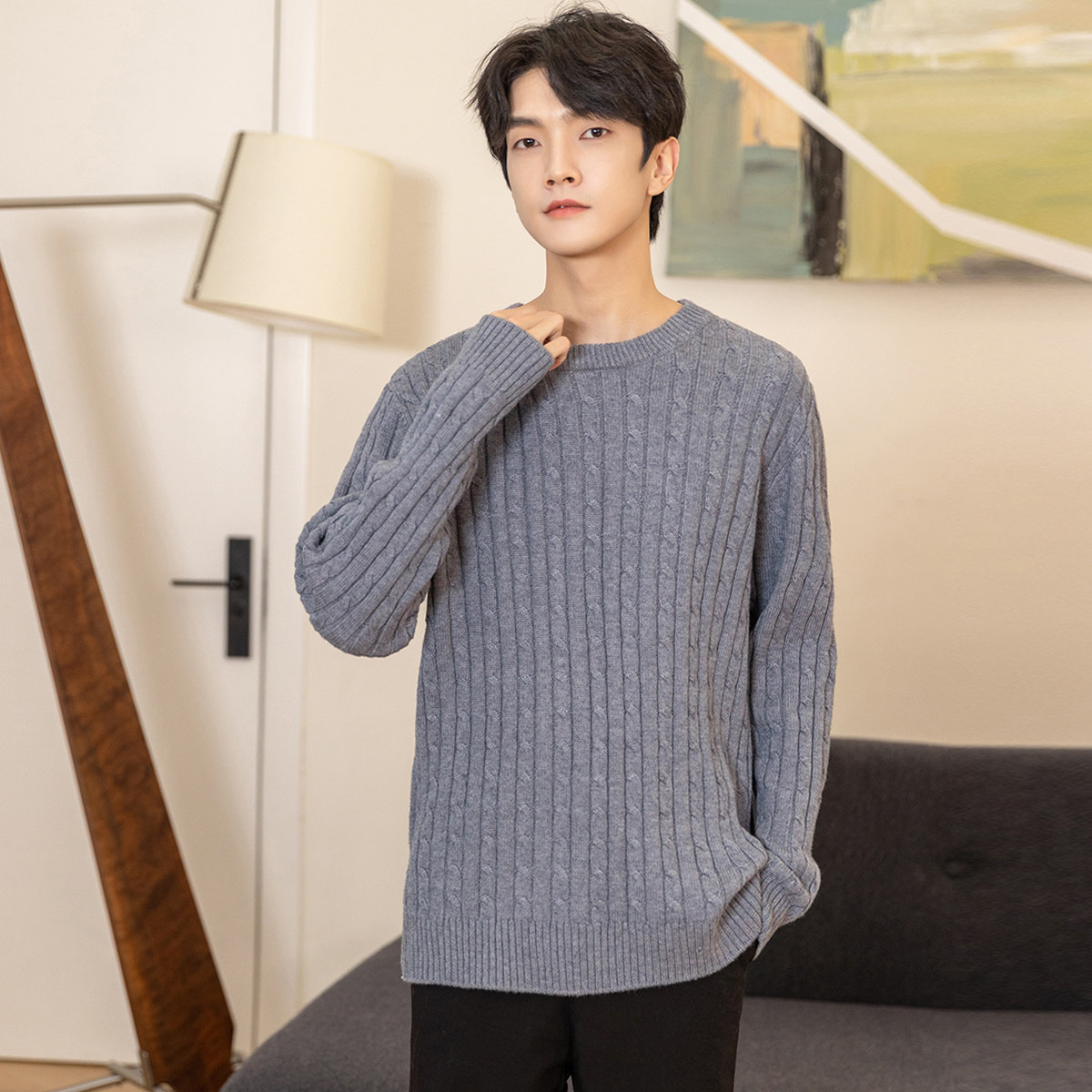 唐狮圆领绞花男士毛衣冬季新款内搭宽松复古休闲男羊毛衫百搭男装