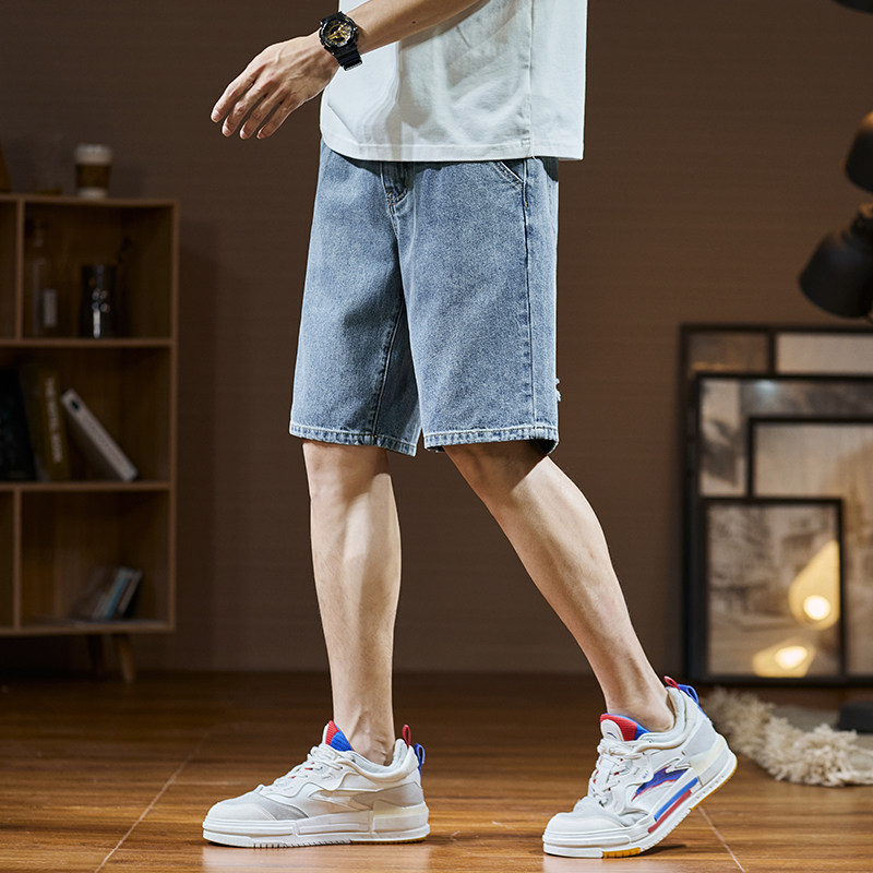 唐狮薄款破洞牛仔裤男士夏新牛仔短裤直筒宽松美式潮流废土