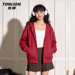 唐狮官方红色卫衣外套女2026春秋新款宽松运动连帽拉链开衫上衣VB