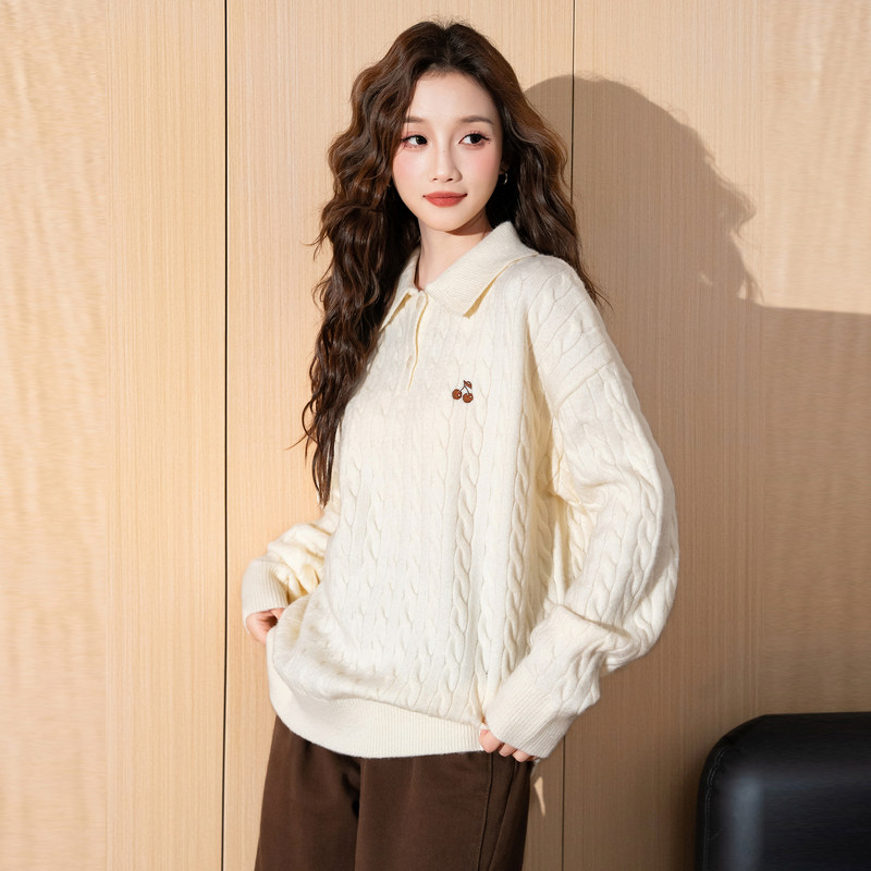 唐狮春新款女毛衣灰色樱桃绞花毛线衫软糯高级感灰色慵懒风约会tu