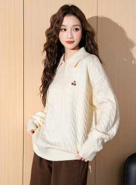 唐狮春新款女毛衣灰色樱桃绞花毛线衫软糯高级感灰色慵懒风约会tu