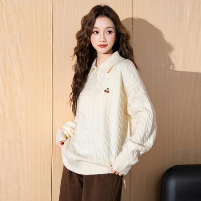 唐狮春新款女毛衣灰色樱桃绞花毛