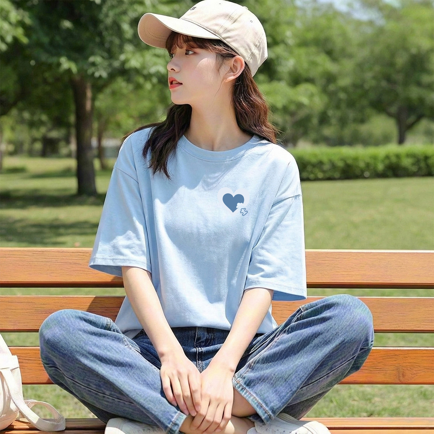 唐狮官方蓝色纯棉短袖t恤女夏季