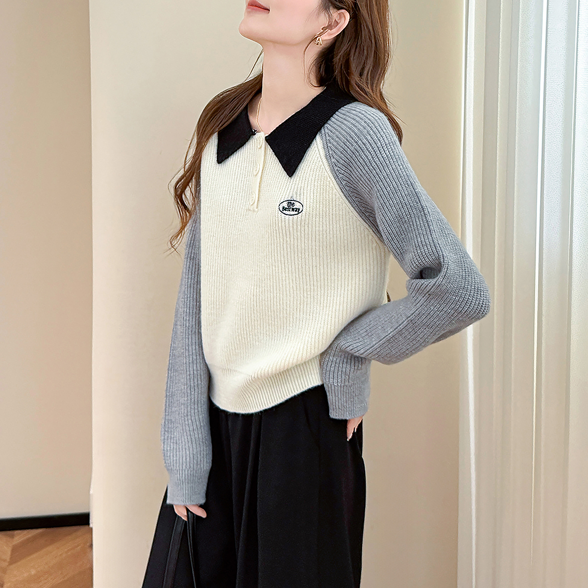 唐狮秋冬拼色设计简约翻领套头毛