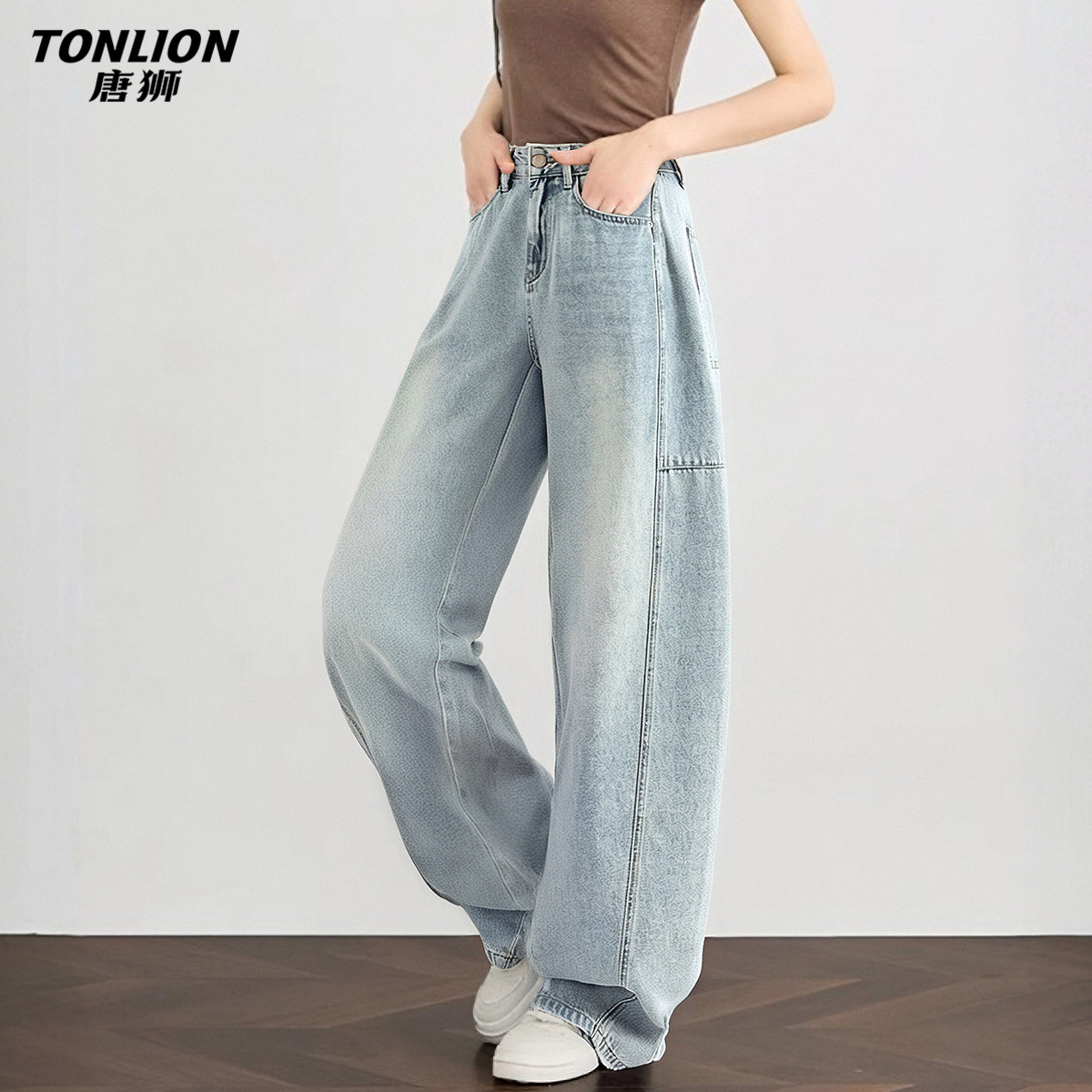 唐狮春夏季新款女牛仔长裤牛仔裤显瘦百搭做旧浅色宽松休闲风裤子