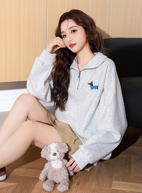 唐狮春秋新款女卫衣Polo领休闲潮流超好看休闲女士上衣灰色约会tu