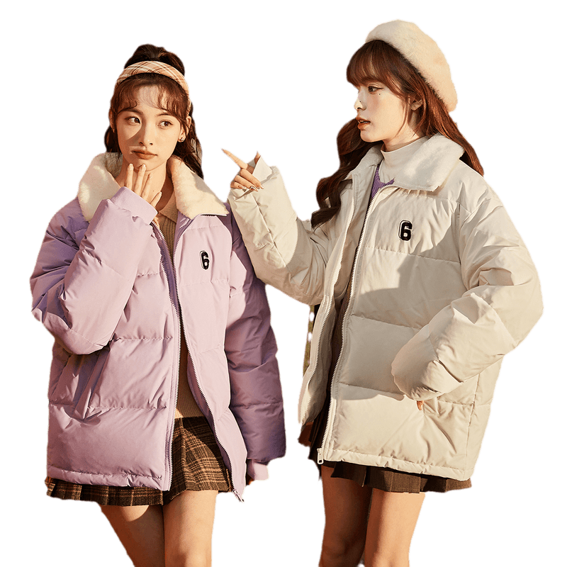 唐狮仿兔毛翻领羽绒服女冬新款短款面包服韩版宽松保暖羽绒服外套