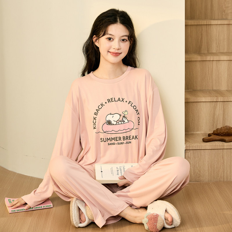 唐狮情侣睡衣女春秋圆领长袖史努比卡通一男一女家居服套装男TD