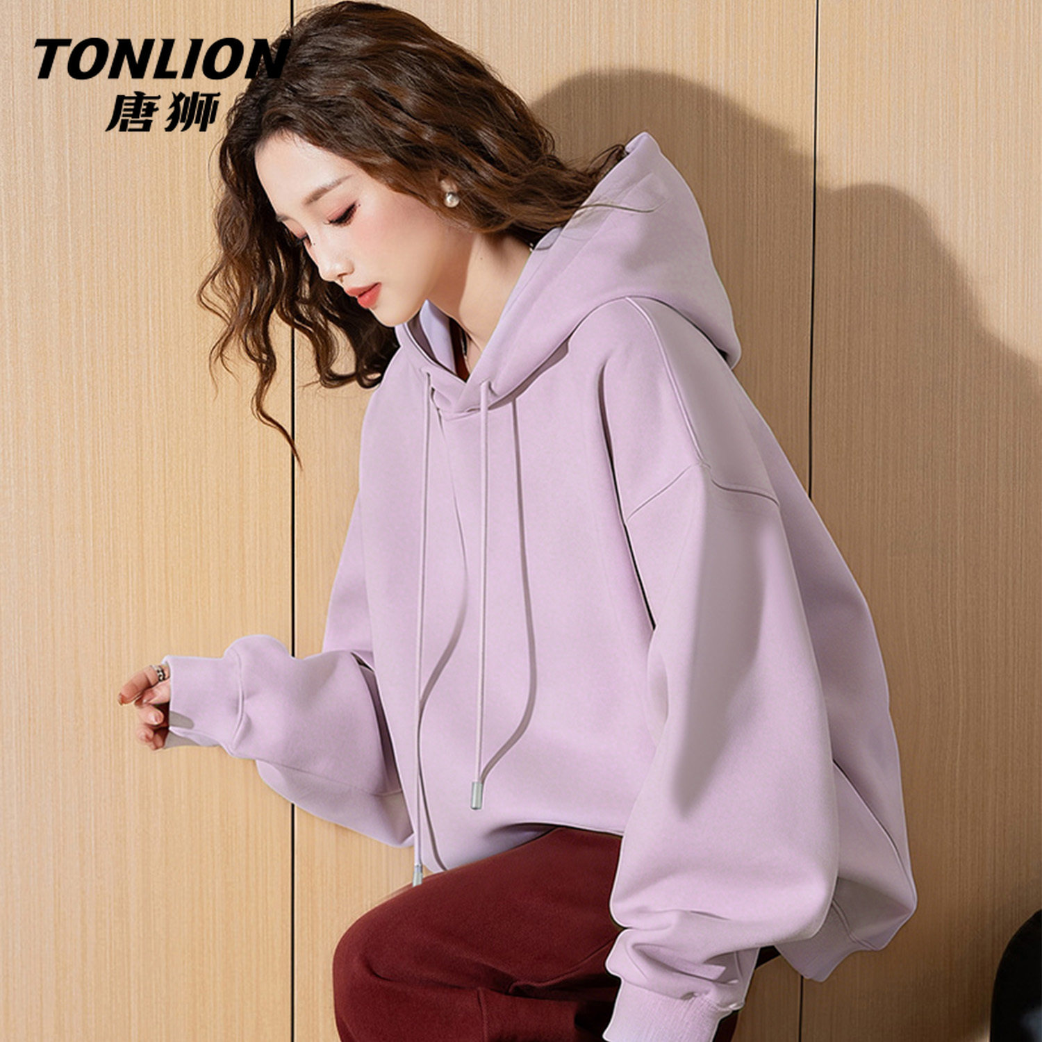 唐狮官方紫色连帽卫衣外套女春秋款2026新款女士宽松休闲上衣女V