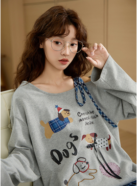 唐狮秋季新款女T恤长袖小狗印花绑带设计小众灰色上衣潮流TM