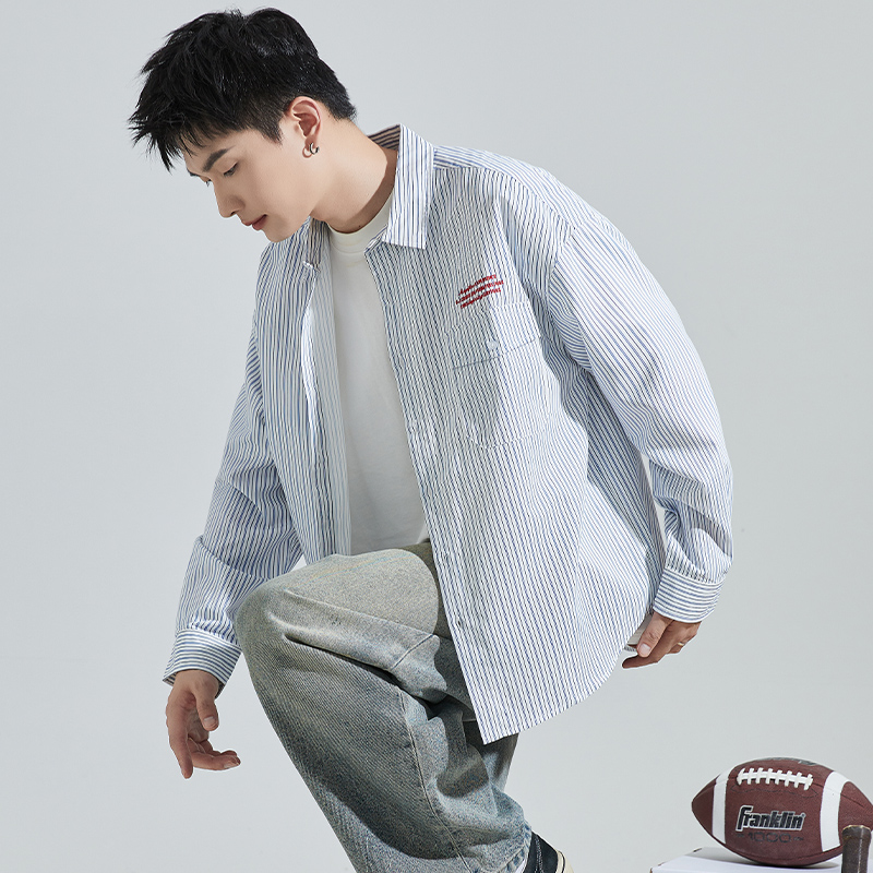 唐狮春秋新款男长袖条纹衬衫蓝色