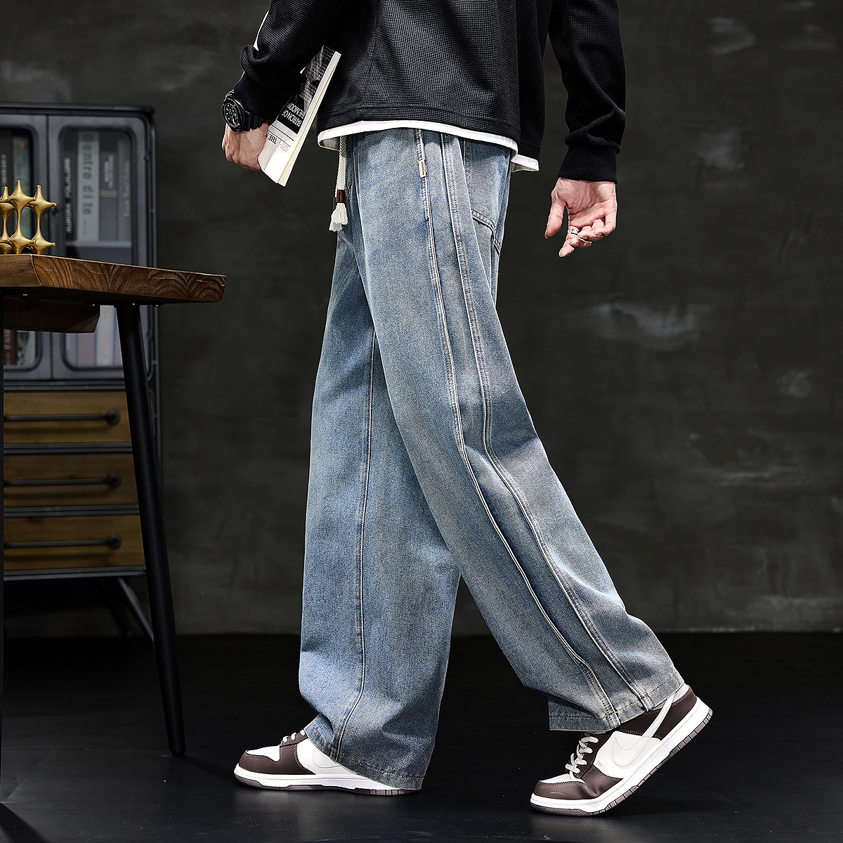 唐狮秋冬新款男牛仔长裤宽松侧边