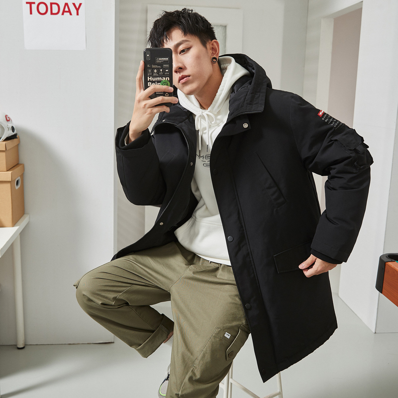 唐狮冬季新款羽绒服时尚印花中长款连帽加厚潮流冬装宽松保暖