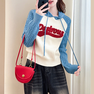 唐狮秋冬毛衣女美式校园风连帽插肩袖套头高级感针织衫上衣女tu