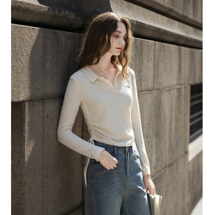 唐狮秋冬女POLO领打底衫 净色针织内搭上衣女春秋可外穿打底衣tu