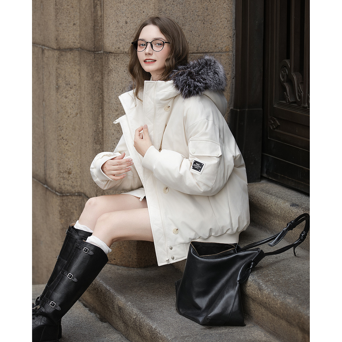 唐狮冬季女连帽毛领短款派克棉衣简约时尚高级感好看流行百搭TUTA