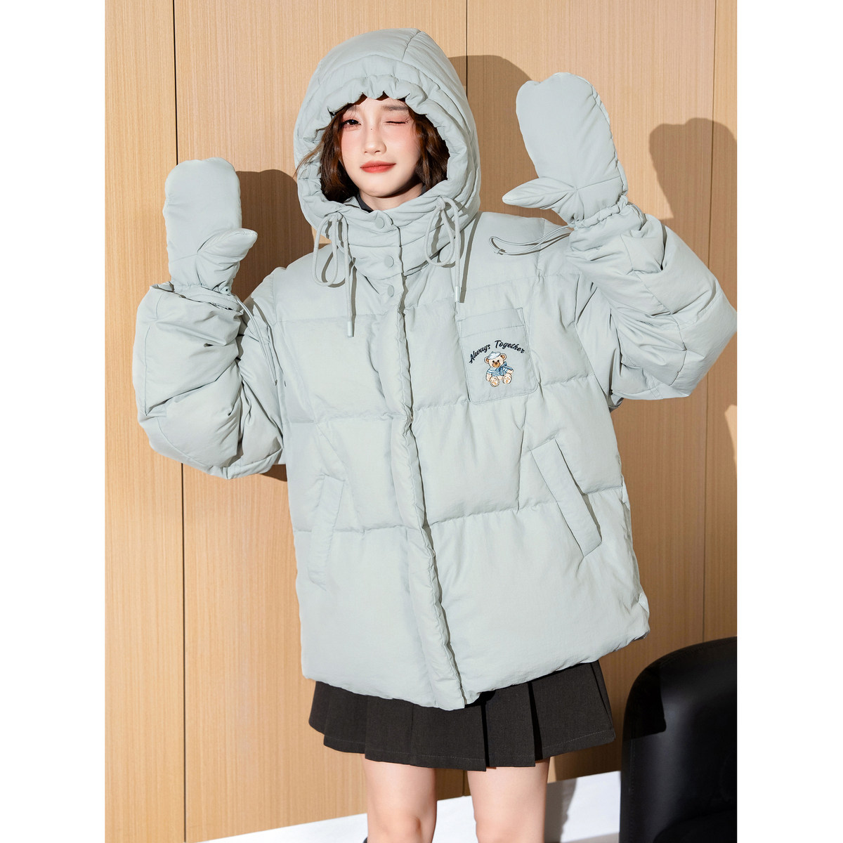 【送手套】唐狮连帽短款羽绒服女冬装加厚羽绒外套防水学院风tu