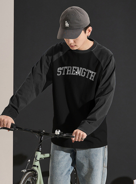 唐狮秋男长袖T恤上衣秋款拼接男圆领前胸文字印花插肩袖长Ttu