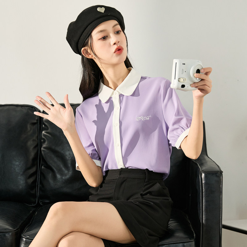 唐狮短袖衬衫夏季女拼接撞色设计感甜美小衫简约上衣polo领紫色
